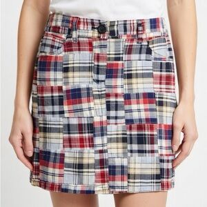Ann Taylor LOFT Preppy Plaid Patchwork Lined Mini Skirt Flap Back Pockets Summer